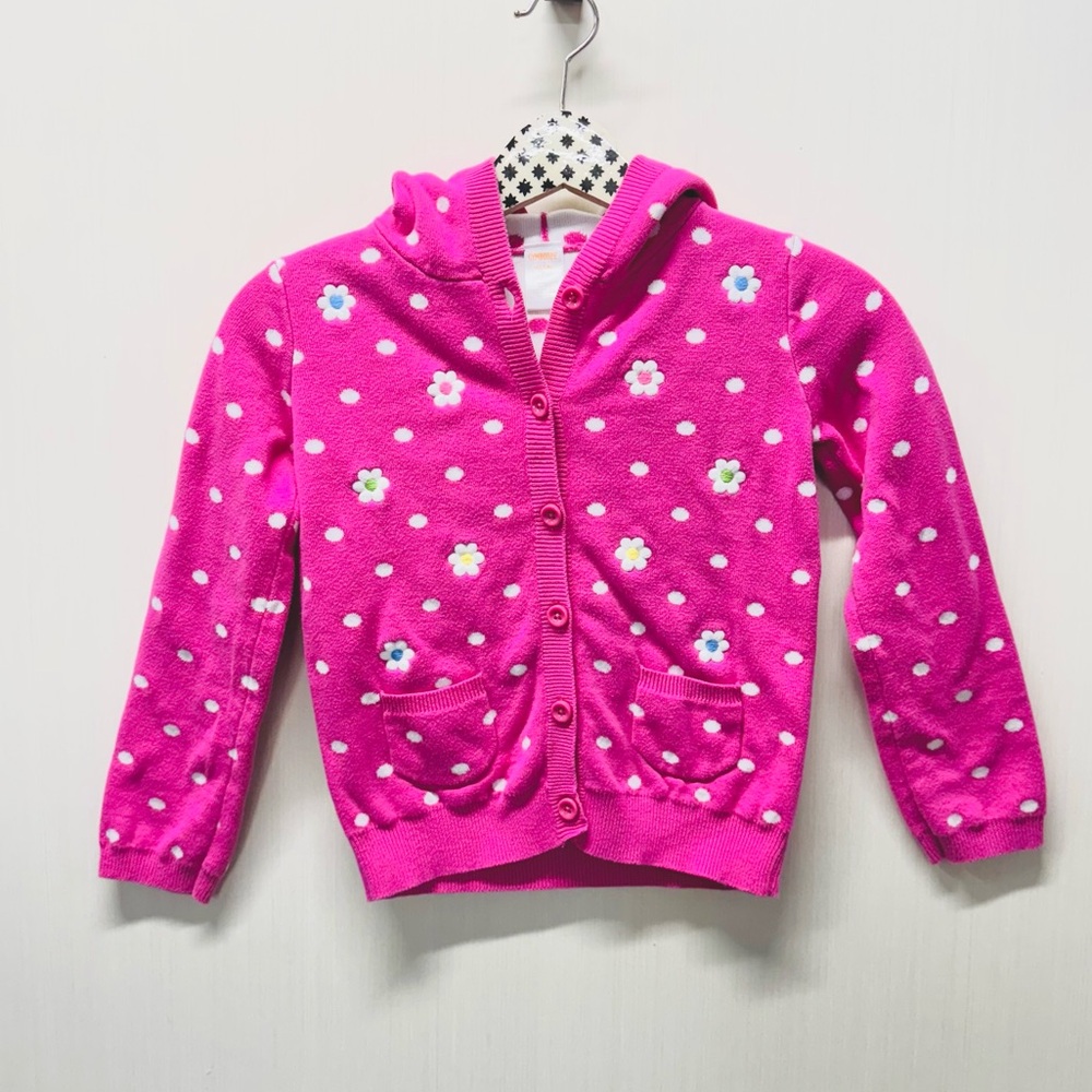 Gymboree Pink Polka Dot & Flower Hooded Cardigan. Size 7/8